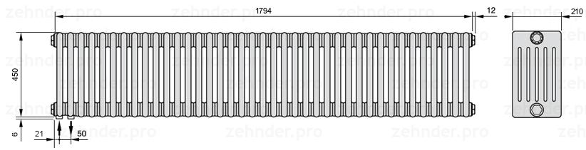 Схема (чертеж) Радиатор Zehnder Charleston 6045/39 №3370 Белый глянцевый RAL 9016